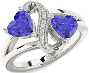 Diamond Emerald Platinum Infinity Two Heart Birthstone Ring