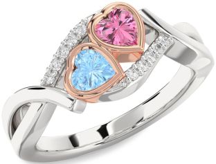 Diamond Silver & 10K Rose Gold Two Heart Promise Ring