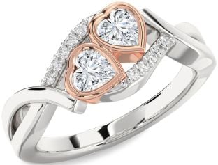Diamond Silver & 10K Rose Gold Two Heart Ring