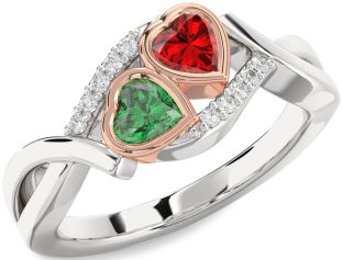 Diamond Emerald Silver & 10K Rose Gold Two Heart Birthstone Ring