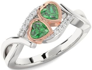Diamond Emerald White Rose Gold Two Heart Birthstone Ring