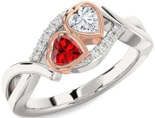 Diamond Emerald Silver & 10K Rose Gold Two Heart Birthstone Ring