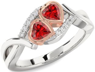 Diamond Emerald Silver & 10K Rose Gold Two Heart Birthstone Ring
