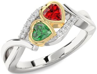 Diamond Emerald Silver & 10K gold Two Heart Birthstone Ring