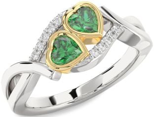 Diamond Emerald Silver & 10K gold Two Heart Birthstone Ring