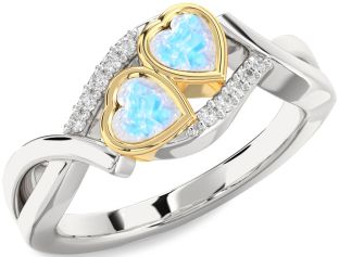 Diamond Moonstone Gold Silver Two Heart Ring