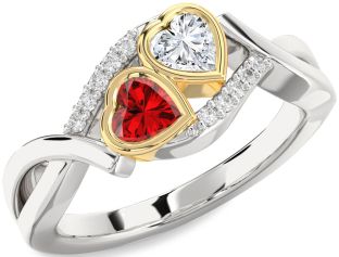 Diamond Emerald Silver & 10K gold Two Heart Birthstone Ring