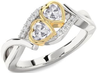 Salt & Pepper Diamond Gold Silver Two Heart Ring