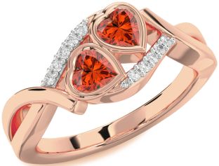 Diamond Fire Opal Rose Gold Silver Two Heart Ring