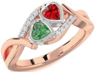 Diamond Emerald White Rose Gold Two Heart Birthstone Ring
