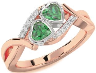 Diamond Emerald Platinum & Rose Gold Two Heart Birthstone Ring