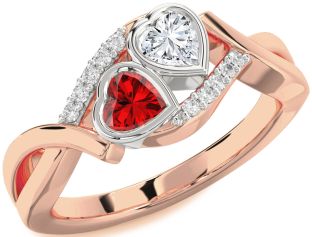 Diamond Emerald Platinum & Rose Gold Two Heart Birthstone Ring
