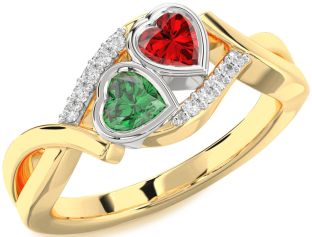 Diamond Emerald Platinum & Yellow Gold Two Heart Birthstone Ring