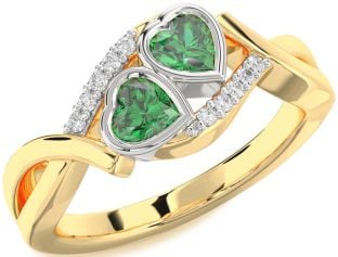 Diamond Emerald Platinum & Yellow Gold Two Heart Birthstone Ring