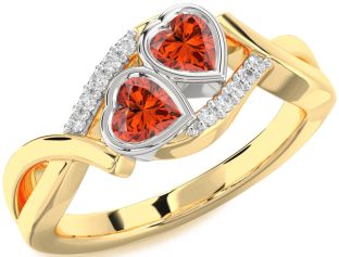 Diamond Fire Opal Gold Silver Two Heart Ring