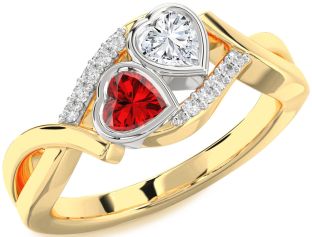 Diamond Emerald Platinum & Yellow Gold Two Heart Birthstone Ring