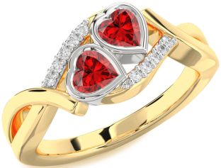 Diamond Emerald Platinum & Yellow Gold Two Heart Birthstone Ring
