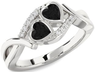 Black Diamond Silver Two Heart Ring