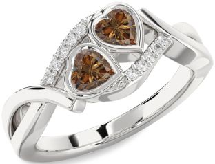 Chocolate Brown Diamond Silver Two Heart Ring