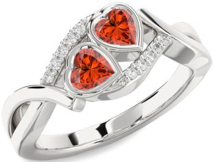 Diamond Fire Opal Silver Two Heart Ring