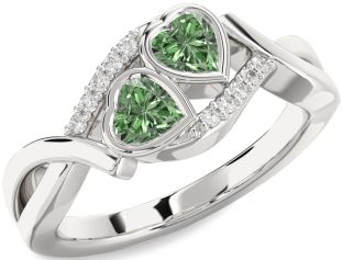 Green Diamond Silver Two Heart Ring