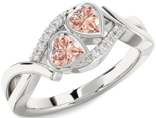 Diamond Morganite Silver Two Heart Ring