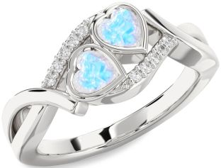 Diamond Emerald Silver Two Heart Birthstone Ring