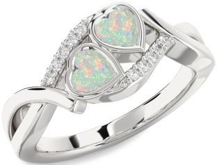 Diamond Emerald Silver Two Heart Birthstone Ring