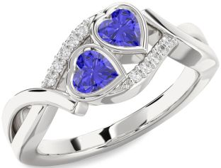 Diamond Tanzanite Silver Two Heart Ring
