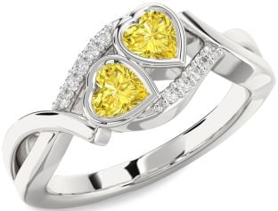 Yellow Diamond Silver Two Heart Ring