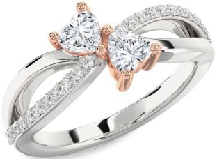 Diamond Silver & 10K Rose Gold Two Heart Ring