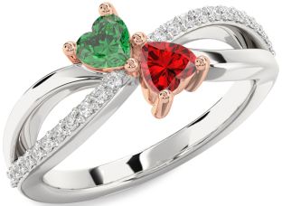 Diamond Emerald Silver & 10K Rose Gold Two Heart Birthstone Ring