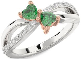 Diamond Emerald White Rose Gold Two Heart Birthstone Ring