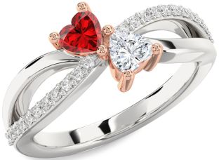 Diamond Emerald Silver & 10K Rose Gold Two Heart Birthstone Ring