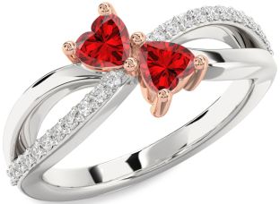 Diamond Emerald Silver & 10K Rose Gold Two Heart Birthstone Ring