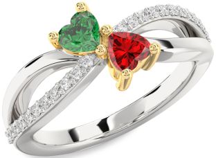 Diamond Emerald Silver & 10K gold Two Heart Birthstone Ring