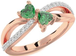 Diamond Emerald Rose Gold Two Heart Birthstone Ring