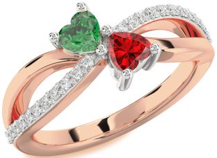 Diamond Emerald White Rose Gold Two Heart Birthstone Ring