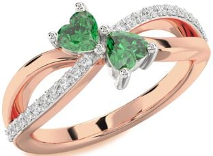 Diamond Emerald Platinum & Rose Gold Two Heart Birthstone Ring