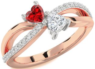 Diamond Emerald Platinum & Rose Gold Two Heart Birthstone Ring
