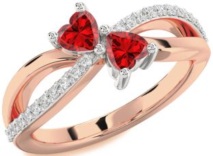 Diamond Emerald Platinum & Rose Gold Two Heart Birthstone Ring