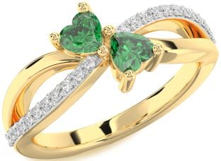 Diamond Emerald Gold Two Heart Birthstone Ring