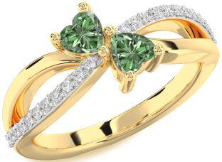Green Diamond Gold Silver Two Heart Ring