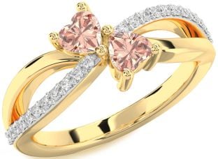Diamond Morganite Gold Silver Two Heart Ring
