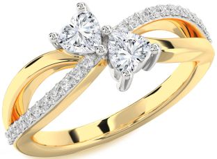 Diamond White Yellow Gold Two Heart Ring