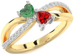 Diamond Emerald Platinum & Yellow Gold Two Heart Birthstone Ring