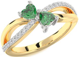 Diamond Emerald Platinum & Yellow Gold Two Heart Birthstone Ring