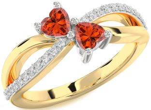 Diamond Fire Opal Gold Silver Two Heart Ring