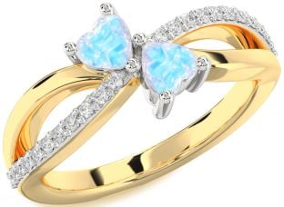 Diamond Moonstone Gold Silver Two Heart Ring