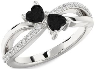 Black Diamond Silver Two Heart Ring